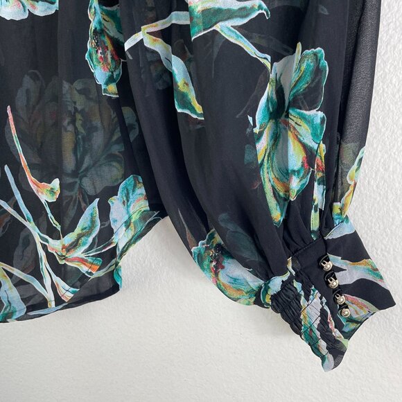 Chicos Womens 10 Blouse Sheer Black Floral Long Sleeve Button Up Shirt Top - Picture 11 of 11